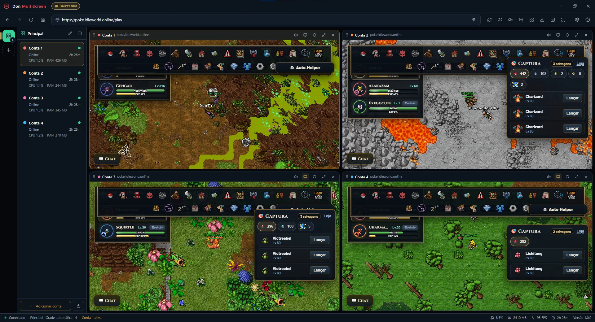 Don MultiScreen rodando 4 contas do Poke Idle World lado a lado
